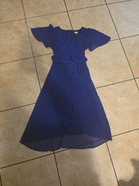 DKNY Cobalt Blue Wrap Midi Dress with Flutter Sleeves